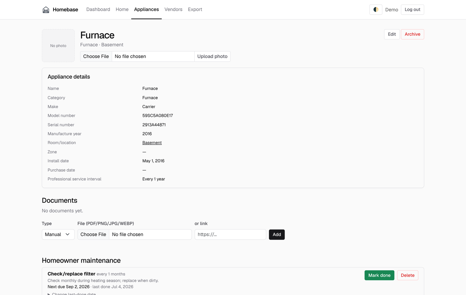Homebase appliance page for a furnace: details, documents, and maintenance tasks