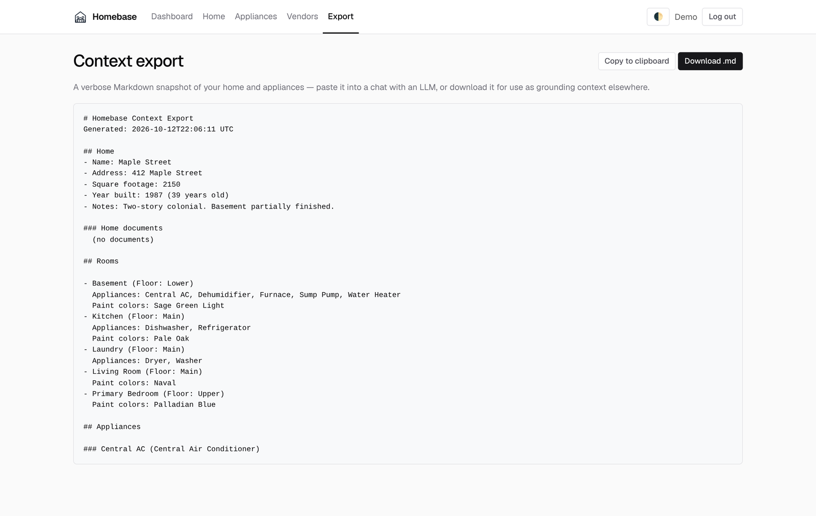 Homebase context export: Markdown snapshot of the home