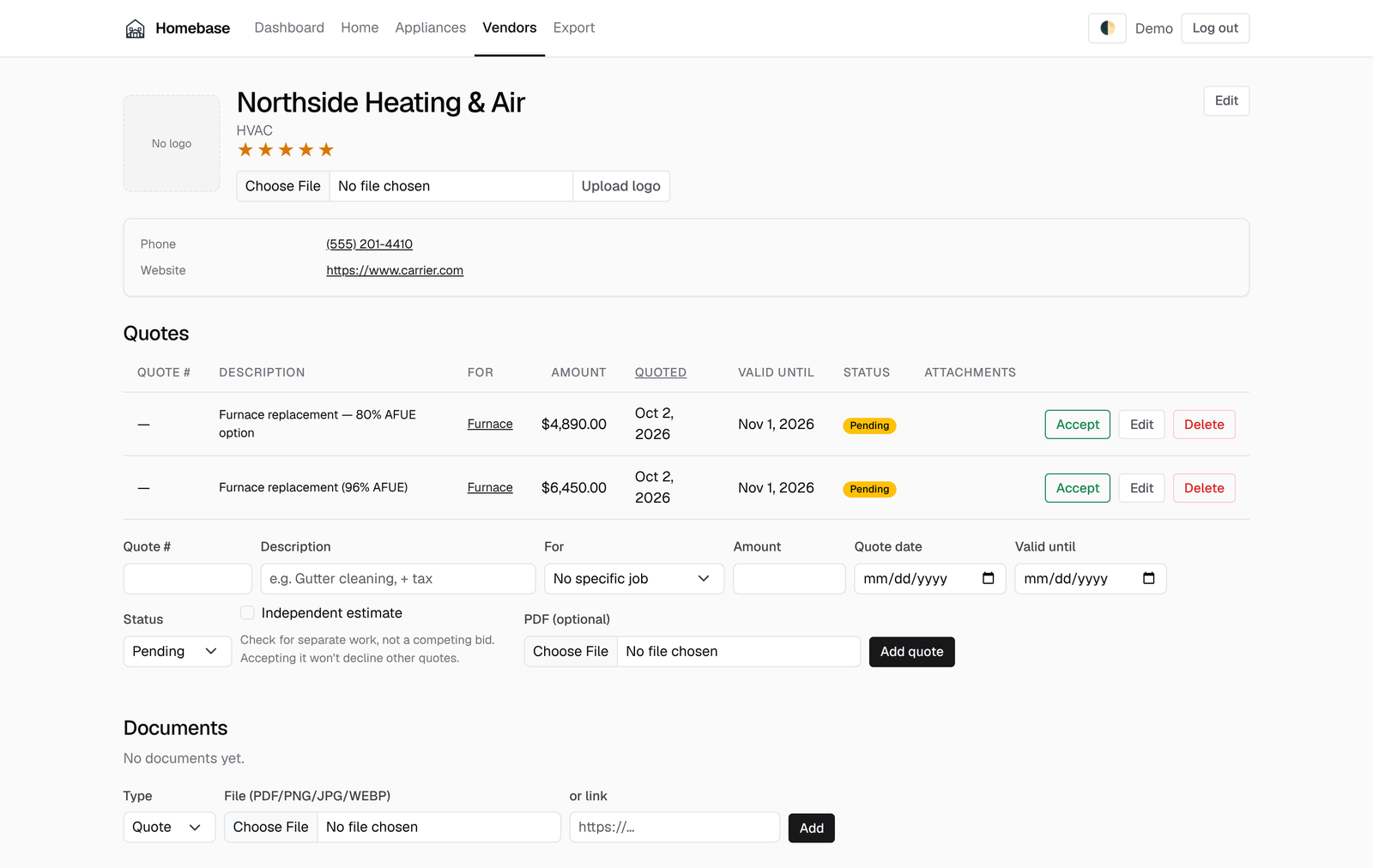 Homebase vendor page with contact details, rating, and quotes